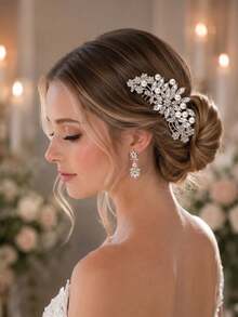 topshiny Elegant Crystal Diamond Bridal Hair Comb, Shiny Alloy Flower Side Hair Comb Hair Accessory Suitable For Bridal Updo, Wedding, Party And Evening Dress - Silver - View 4