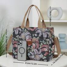 DLIU New Large Capacity Floral Pattern Tote Bag, Shoulder Bag, Crossbody Bag, Lunch Bag, Handbag, Lunch Box Storage Bag, Commuter Bag, Suitable For Work Lunch, Travel, Daily Use, Fabric Lining, Main Compartment With Semi-Closed Zipper, Front Zipper Pocket, Side Pockets - Black - View 3