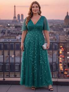 EVERPRETTY Women's Elegant Luxury Charming Plus Size V-Neck Ruffle Sleeve Mesh Sequin Embroidered Long Formal Dress Fall - Teal Blue - View 6