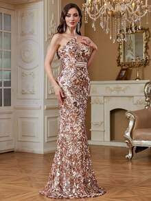 hezixi One Shoulder Backless Lace-Up Mermaid Silk Fitted Slit Formal Evening Gown, Elegant Party Dress, Formal Ball Gown - Champagne - View 8