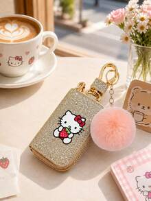 SANRIO 1Pc Hello Kitty Glitter Key Pouch, Zip Car Key Holder Case With Keychain Clip, Portable Key Organizer For Women - Multicolor - View 8