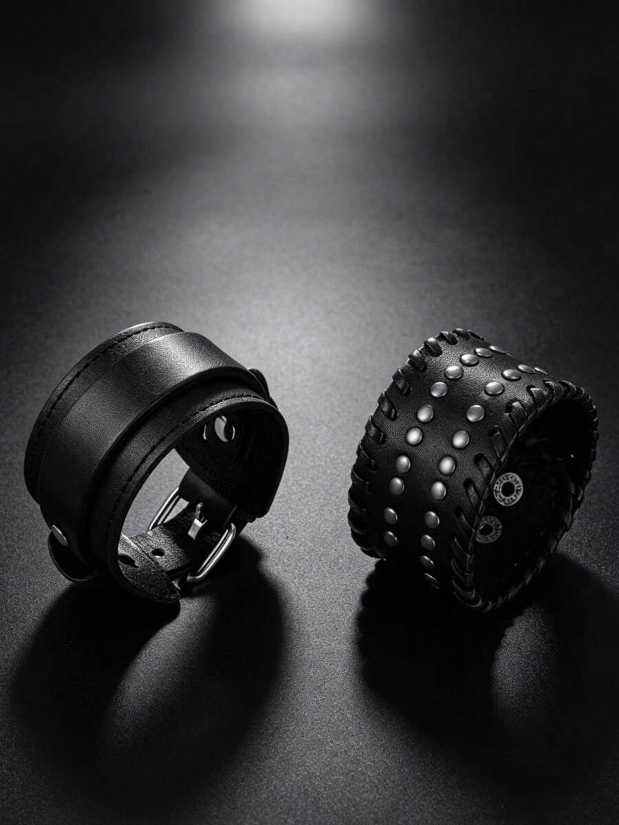 2 Buah Gelang Gaya Punk Motor Hitam, Cocok untuk Berkendara Sehari-hari Pria, Pakaian Fashion Luar Ruangan, Set Gelang Istimewa sebagai Hadiah untuk Pria - Hitam - View 1