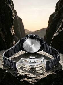NSNEVER STOP NS Round Steel Band Business Casual Quartz Men's Wristwatch With Rotating Crown, Folding Clasp, Suitable For Daily Commute And Multiple Holiday Gift-Giving, Gift Box Included - Black - View 4