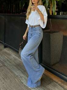 Light Blue Washed Brushed Mid-High Waist Wide Leg Jeans For Women, Cotton Warm Brushed Loose Drape Floor Length Casual Denim Pants - Light Wash - View 5