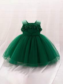 Baby Girls 3D Floral Mesh Cute Puffy Flower Girl Dress, Headband Not Included - Dark Green - View 4