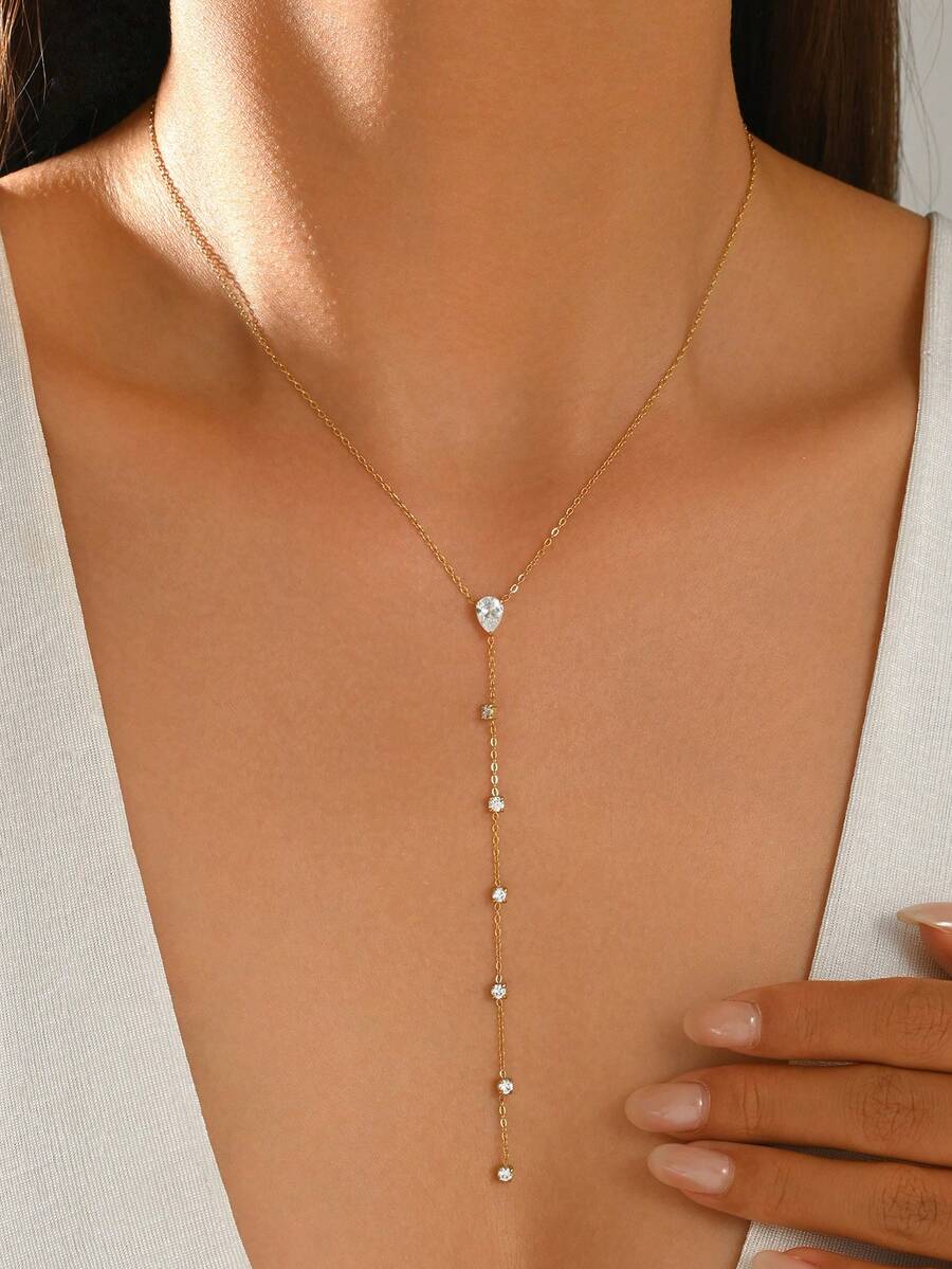 LIEBEIRIS 1pc 18K Gold Plated Y-Shaped Water Drop Zirconia Stainless Steel Necklace, Suitable For Women's Daily Wear And Gift Giving - Gold - View 1