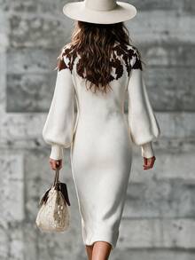 Abstract Geometric Jacquard Pattern Casual Slouchy Long Sleeve Crew Neck Mid-Length Loose Pullover Knit Dress Suitable For Casual, Vacation, Date Wear - Brown and Apricot - View 2