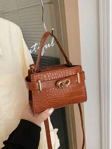 1pc Mini Solid Color Embroidered Pressed Crocodile Texture Square Bag With Turn Lock Flap, Essential Handbag, Shoulder Bag, Crossbody Bag For Shopping And Travel - Multicolor - View 14