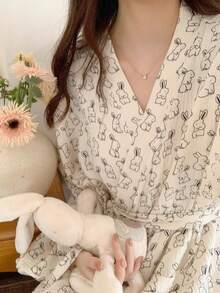 女款休閒兔兔浴袍中長版睡衣可愛卡通睡袍居家服 - 玫瑰紅 - 查看 4