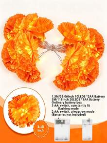 Halloween Day Of The Dead Theme Marigold Design 1.5m 10-Light/3m 20-Light LED String Lights With Fabric Flowers, Battery Powered, Constant And Flashing Modes, Holiday Party Home Atmosphere Decoration Lights - Chrysanthemum - View 3