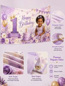 Personalized 1st Birthday Photo Tapestry, Custom Name & Age Purple Butterfly Floral Party Backdrop, 90g Smooth Polyester Wall Hanging, Suitable For Birthday Decoration, Dessert Table Background, Bedroom Nursery Decor, Multiple Sizes - Multicolor - View 6