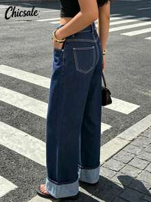 Women's Casual Wide Leg Cuffed Denim Jeans, Long Non-Stretch Vintage Style Pants, Fashion Loose Fit Jeans - Original Color Of Tannin - View 1