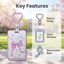 Macaron Heart Card Holder Keychain, Student ID Card Protector, Cartoon Cat & Rabbit Print Card Sleeve, Detachable Backpack Charm - Multicolor - View 5