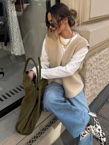 New Casual Versatile Lambswool Open Front Vest - Apricot - View 7