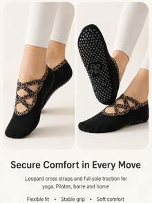 3/6 Pairs Women's Leopard Print Pilates Yoga Grip Socks, Non-Slip Cross-Strap - Multicolor - View 4