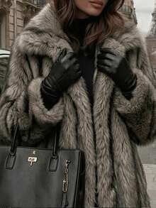 Pocketed, Lined, Mixed Color Gradient Faux Fur Coat, Oversized Lapel, Loose Drop Shoulder, Short Silhouette, Buttonless Open Front, Thick Plush Warm, Autumn/Winter Cool Style Women's Plush Coat - Multicolor - View 2