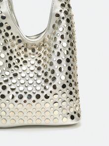 Dedoo Silver V-Shaped Double-Sided Studded Bucket Bag, Punk Style Heavy-Duty Rivet Embellished Underarm Shoulder Bag, Suitable For Work Commute And Shopping - Silver - View 5