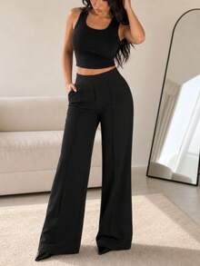 Plus Size Black Daily Multi-Purpose Commute Minimalist Solid Color Wide Leg Pants, Everyday Wear - Black - View 5