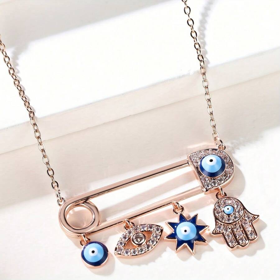 Vanel 1pc Fashionable Personalized Necklace, Evil Eye And CZ Safety Pin Design, Unique Fashion Accessory For Daily Wear - Rose Gold-white - View 1