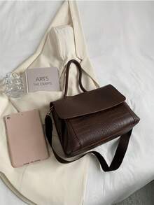 Tas Bahu Model Flap PU Motif Buaya Warna Polos, Cocok untuk Wanita Berbelanja, Bepergian, dan Penggunaan Sehari-hari - Kopi - View 3
