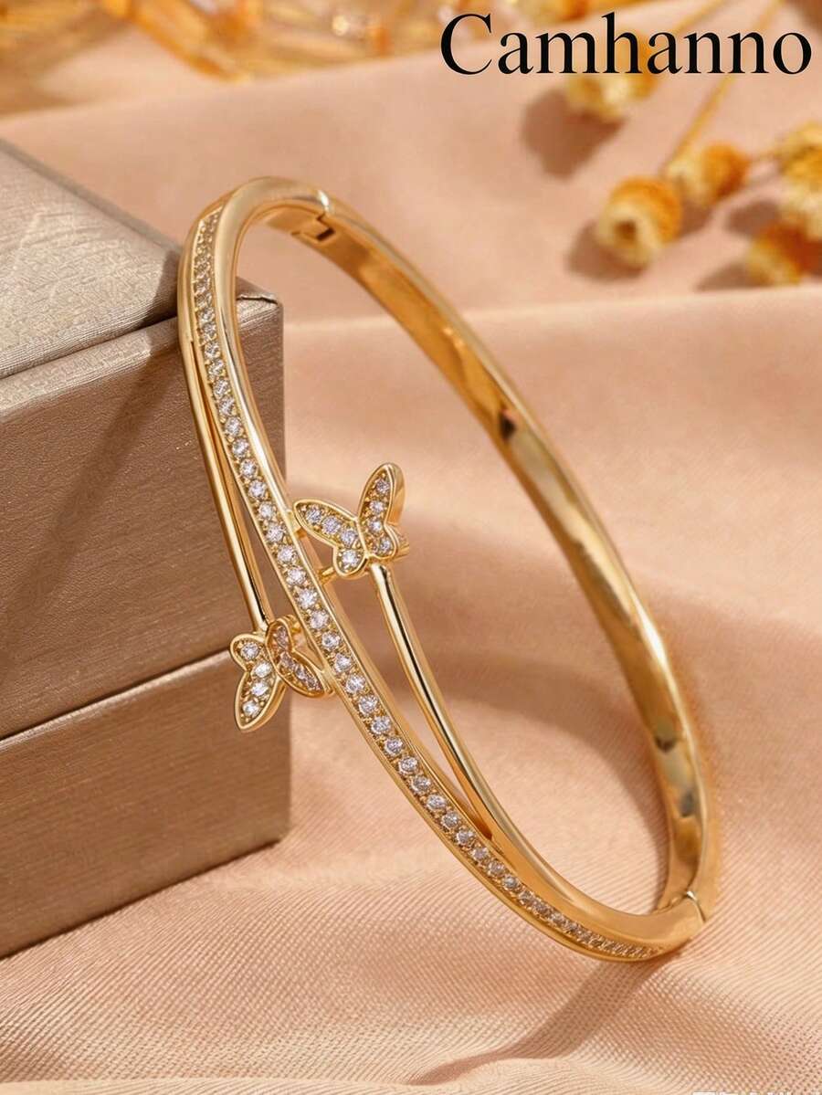 Camhanno 1pc Exquisite Butterfly Design Copper Plated 18K Gold Full Rhinestone Women's Bracelet, High-End Versatile Bracelet Jewelry - Gold - View 1