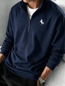 Men's Navy Blue Half-Zip Stand Collar Sweatshirt, Autumn/Winter, Small Horse Logo Embroidery On Chest, Relaxed Drop Shoulder, Commuter Casual Pullover - Navy Blue - View 4
