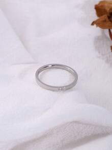 1pc Stainless Steel Thin Single Rhinestone Plain Band Ring, Women's Daily Commute Gentle Elegant Hand Accessory - Single Small Rhinestone Plain Band Ring - View 5
