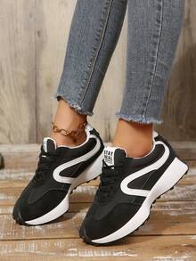 Black & White Colorblock Women's Thick Sole Platform Casual Sneakers, Lace-Up Versatile Retro German Trainer Shoes For Daily Commute - Black - View 5