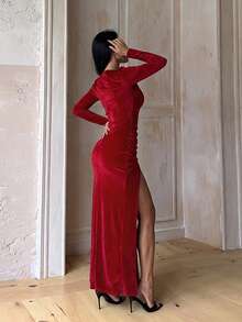 1pc Solid Color Elegant Knit Fabric Slit Dress For Wedding Autumn - Red - View 4