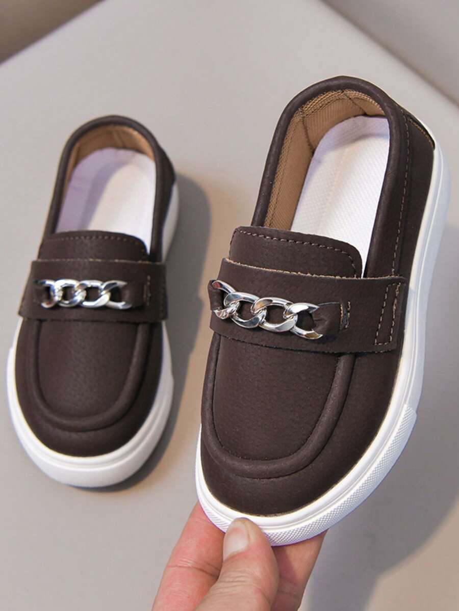 Children's Slip-On Loafers With Silver Chain Decor, White Thick Sole, Unisex Casual Shoes For Spring And Autumn