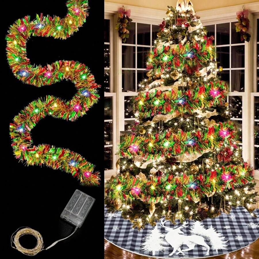 5m/50LED Christmas Tinsel Garland Metallic Shiny Garland With LED Lights Christmas Tree Garland Thick Hanging Suitable For Home Decor