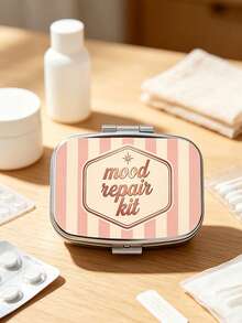2D Flat Printing, Vintage Yellow And White Striped Creative Mood Slogan Pattern Square Small Pillbox, Two-Compartment Portable Storage Case, Pocket-Sized Container For Small Items, Accessories, Medicine, And Vitamins, Only Empty Bag - Multicolor - View 2
