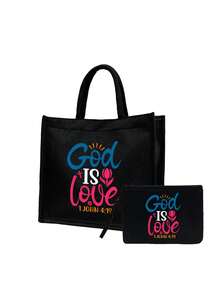 「God Is Love」主題印花女款托特包套組，基督教宗教帆布包附拉鍊，大容量沙灘包與化妝包，時尚單肩包手提包，適合旅行、購物與日常使用，適合基督徒、信仰愛好者與宗教女性，理想的節日禮物與生日禮物 - 彩色 - 查看 15