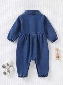 Infant Soft Denim Romper, 1-18 Months Long Sleeve Jumpsuit With Snap Crotch For Easy Diaper Changes, Front Pocket, Casual Outfit - Mint Blue - View 2