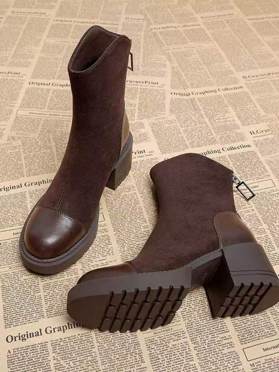 Women's Chunky Heel Thick Sole Chelsea Ankle Boots, Brown Suede Patchwork Thermal Lined, Autumn/Winter Commute Versatile Vintage High Heel Boots - Brown - View 1