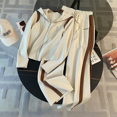 Women 2 Piece Tracksuit Set Beige Color Block Stripe Zip Up Hooded Sweatshirt Hoodie & Wide Leg Pants Fall Outfit Casual Sporty Outfit
