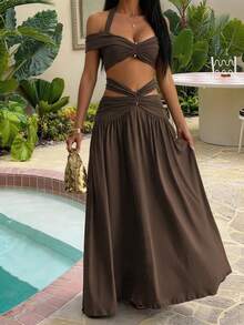Vellofy Women Fall & Winter Dark Brown Two‑Piece Maxi Outfit Halter Off‑Shoulder Twist Cutout Set For Prom Gala Banquet Vacation Cocktail Party - Dark Brown - View 9
