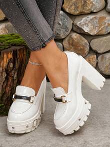 Vintage Sweet Cool White Patent Leather Shoes, Super High Block Heel Rivet Platform Loafers Height Increasing Mary Janes - White - View 6