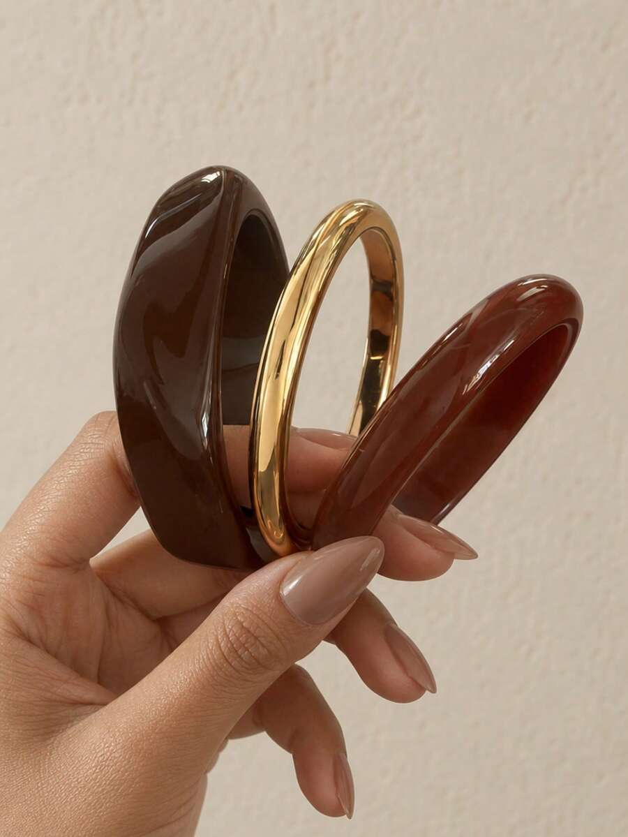 1/3pcs Vintage Elegant Brown Resin Geometric Round Bangles, Suitable For Daily Wear Or Gifting - Brown - View 1