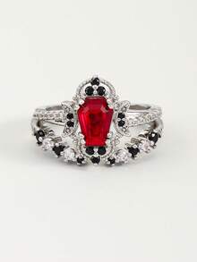 2pcs Gothic White Gold Plated Red Cubic Zirconia Open Ring Set, Gothic Style Combined With Dark Elements, Unisex Suitable For Halloween, Easter And Matching Gothic Style Clothing - Silver - View 1