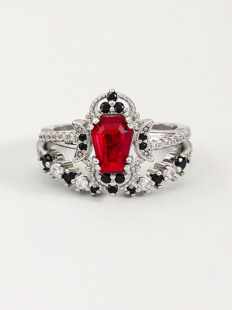 2pcs Gothic White Gold Plated Red Cubic Zirconia Open Ring Set, Gothic Style Combined With Dark Elements, Unisex Suitable For Halloween, Easter And Matching Gothic Style Clothing - Silver - View 1