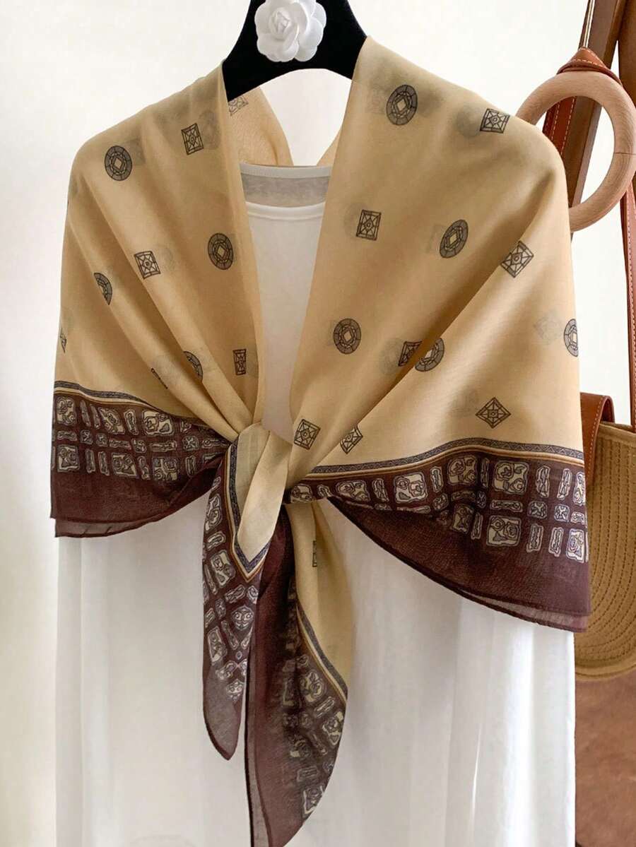 1pc Women's Summer Thin 110CM Large Square Scarf, Vintage Floral Print Decorative Shawl - Khaki - View 1
