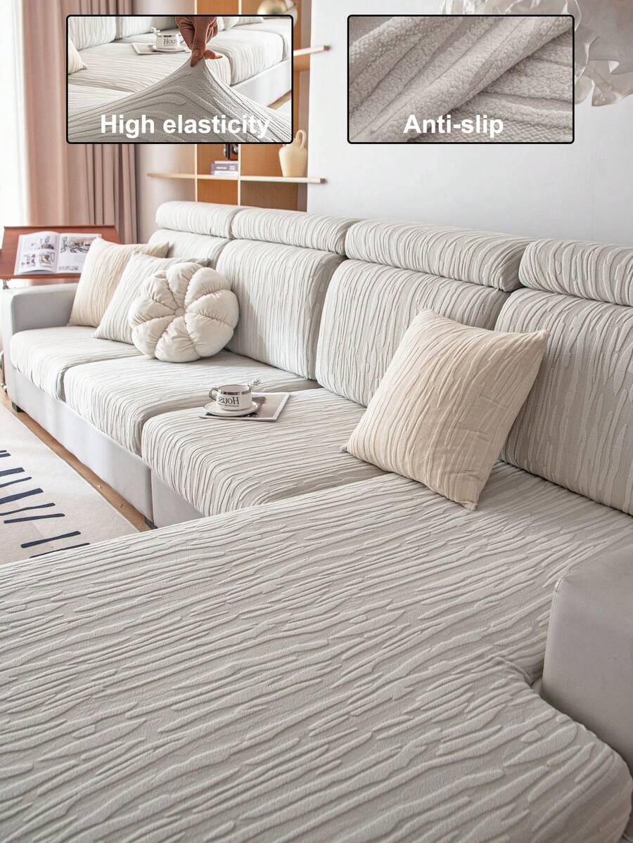 1pc Solid Color Plush Sofa Cover, Elastic Stretch Wrap, Warm And Comfortable Minimalist Ins Style Pet-Proof Non-Slip Elastic Band, Machine Washable All-Season Universal Sofa Protector For Living Room, Bedroom, Study, 1-2-3-4 Seater Armrest Backrest - Light Grey - View 1
