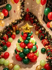 18 Inch Star-Shaped Gold Foil Balloon, 12/10/5 Inch Deep Green/Red/Metallic Gold/Lime Green Balloon Christmas Tree Set, Suitable For Christmas, Birthday, Christmas Tree Theme, New Year's Eve, Bachelor Party Decoration - View 5