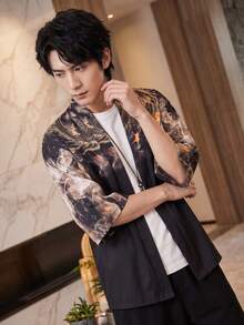Dragon Print Men's Casual Fashion Kimono Shirt, Comfortable Lightweight Polyester Fabric, Suitable For All Seasons, Hand Washable Or Machine Washable, Perfect For Parties, Casual Wear, And Home - Black - View 3
