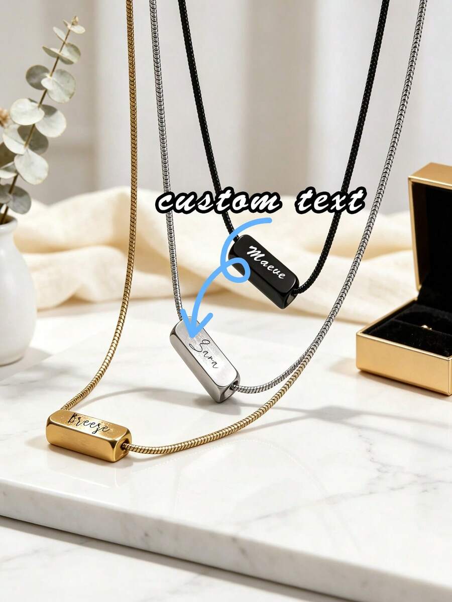 Personalized Custom Text Bar Necklace, Snake Chain Pendant Engraved With Name Information, Exquisite Customized Commemorative Jewelry, Ideal Gift For Couples, Family, Birthday And Holiday Occasions, Memorial Keepsake, Christmas And Friendship Commemorative Gift - Multicolor - View 1