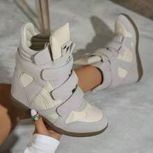 Women's Hidden Wedge High Top Sneakers, Magic Tape Cutout Design Patchwork Color Platform Ankle Boots - Beige - View 1