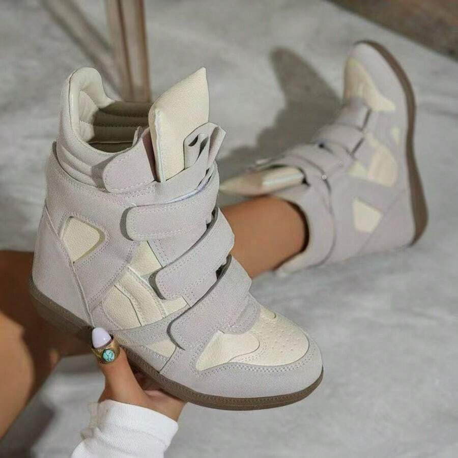 Women's Hidden Wedge High Top Sneakers, Magic Tape Cutout Design Patchwork Color Platform Ankle Boots - Beige - View 1
