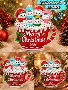 Custom Snowman Mug Christmas Ornament, Personalized 2-6 Name Tree Hanging Decor, Festive Holiday Family Style, Customized Christmas Decoration, Customizable Name Keepsake, Christmas Tree Decor, Family Friends Gift 2026, Christmas Gift - Style B - View 1