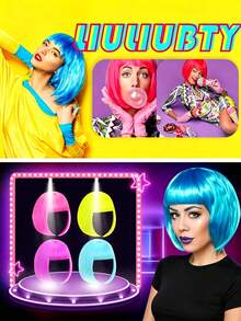 1pc Fashion Short Wig With Bangs, Multi-Color Anime Cosplay Wig, Short Straight Synthetic Bob Wig, Blonde Bob Wig With Bangs, Women's Short Blonde Wig, Suitable For Cosplay, Festivals, Anime Conventions, Celebrations, Fluorescent Multi-Color Cosplay - Multicolor - View 3